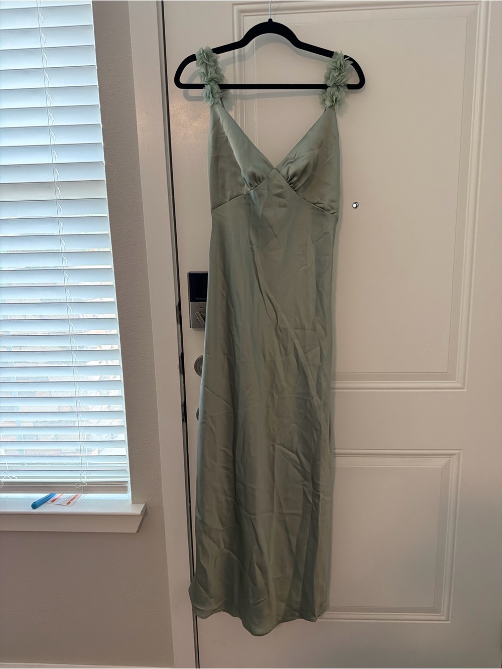 Amazon Sage Green Satin Dress with Floral Shoulder Straps